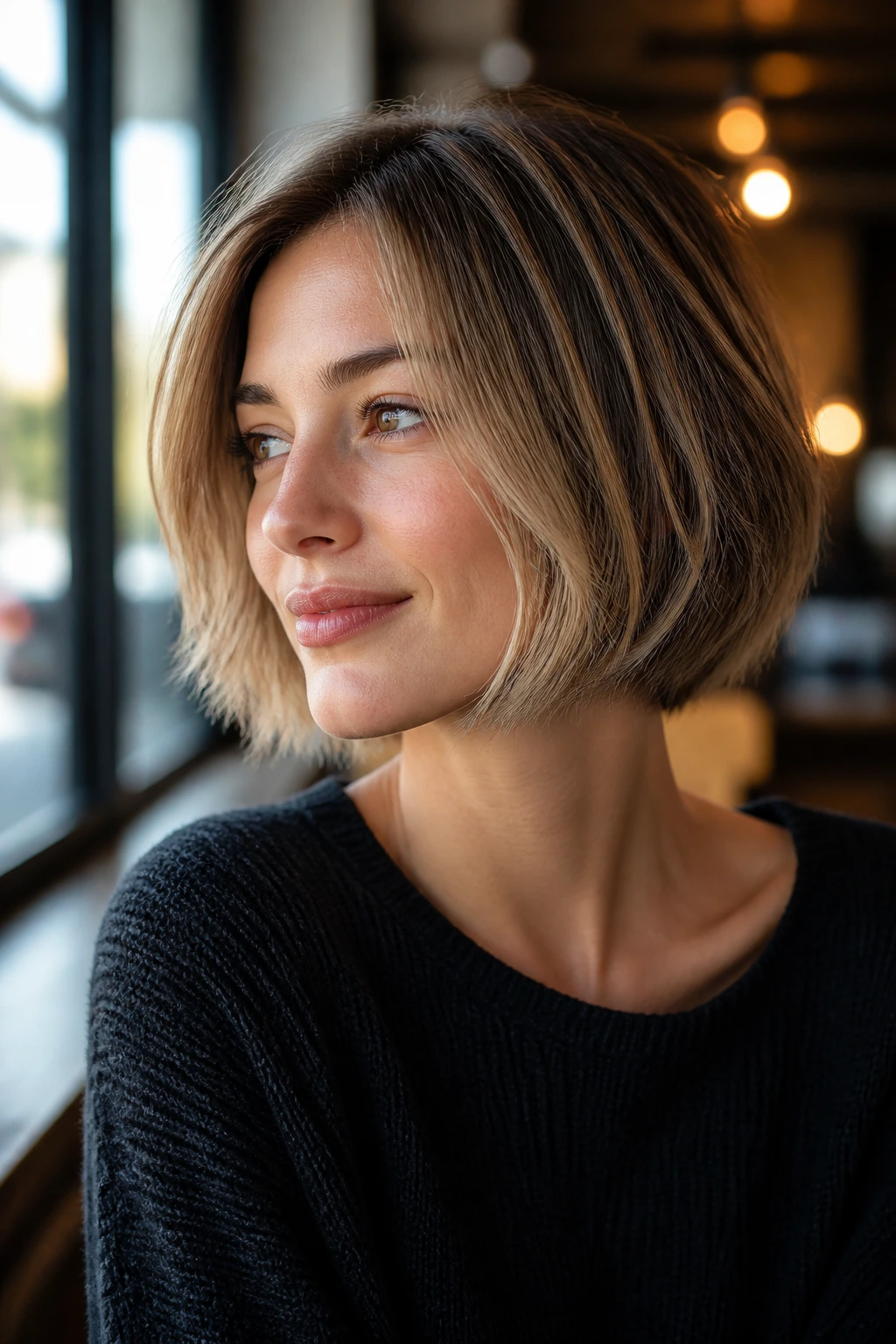 Close-up portrait of a real woman with a feathered razor-cut bob.