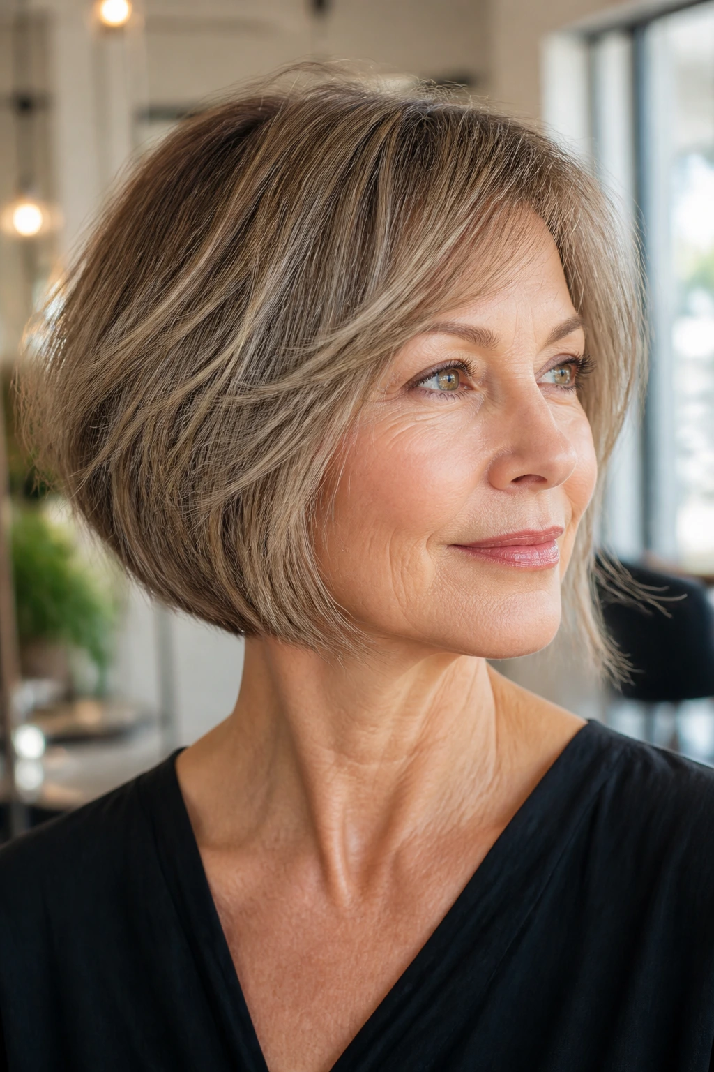 Portrait of a real woman with a razor-cut bob showing movement at the ends in a bright salon.