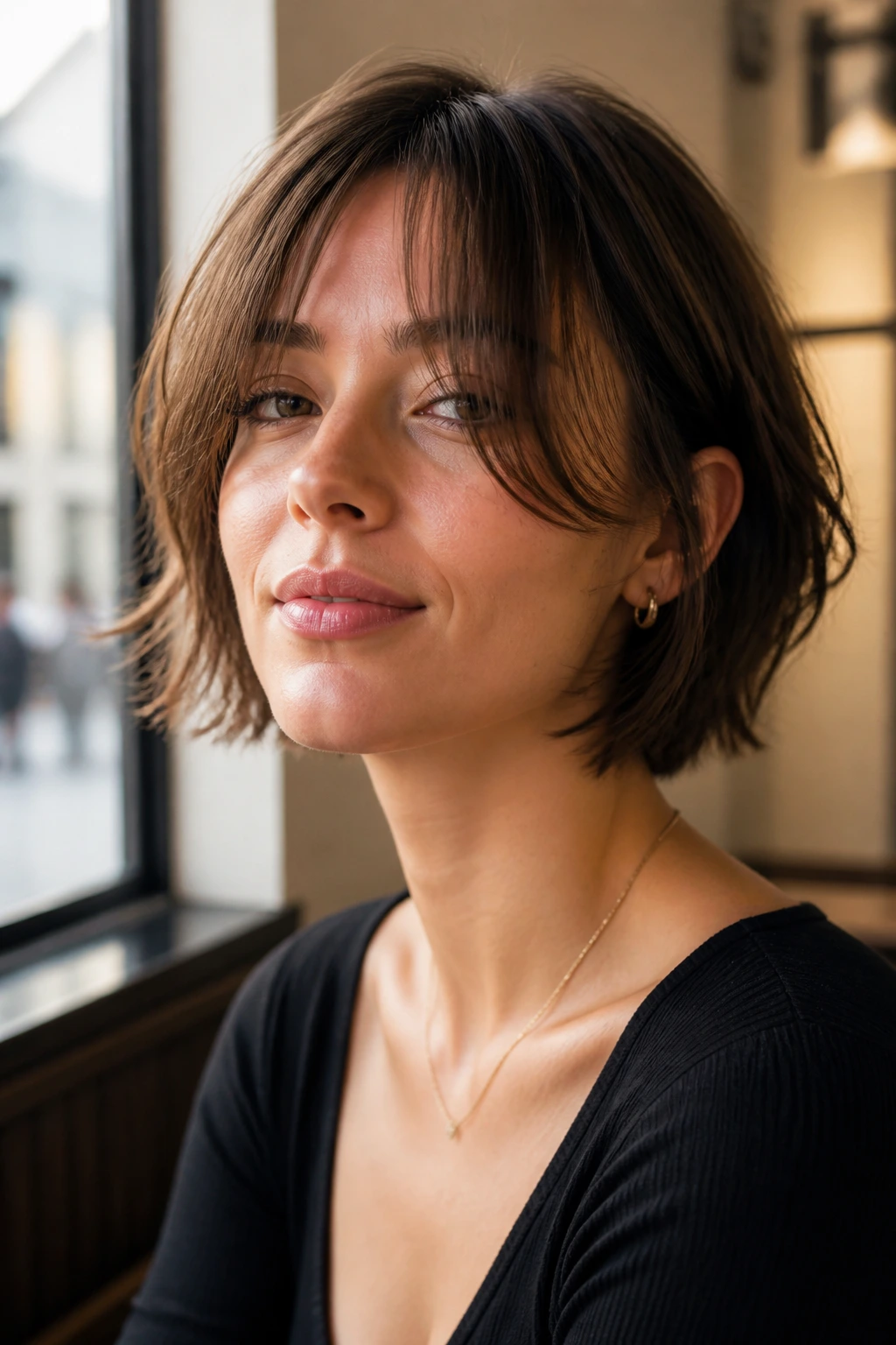 Close-up of a real person with razor-cut bob and floaty curtain bangs in a bright cafe setting