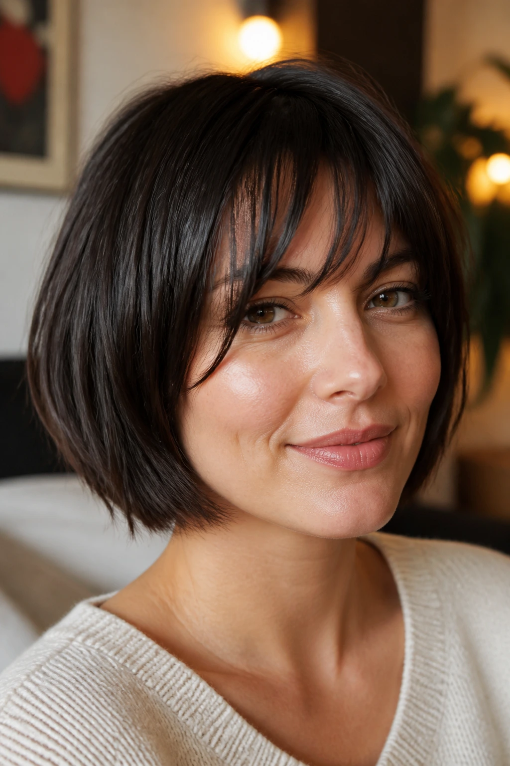 Portrait of a woman with a razor-cut bob and broken-up fringe in warm indoor light