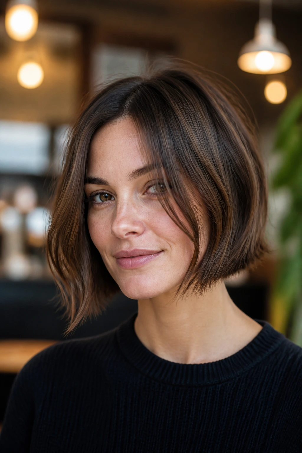 Close-up of a real woman with a razor-cut bob and a slightly undone finish.