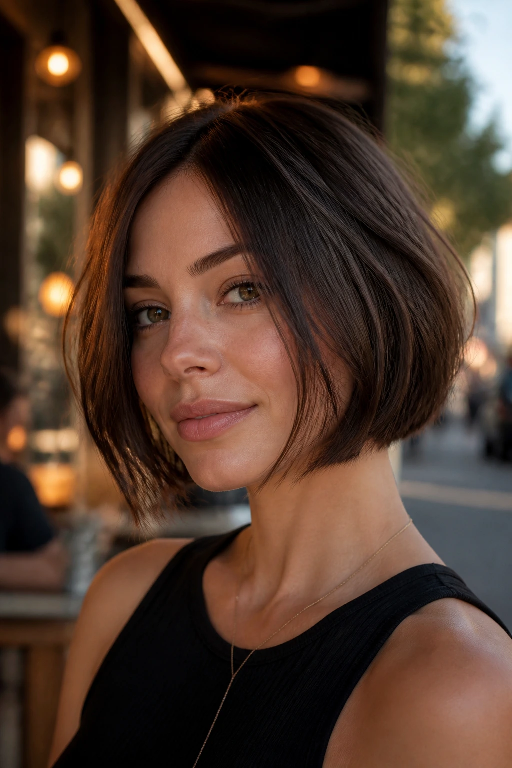 Close-up portrait of a real woman with a razor-cut bob hairstyle