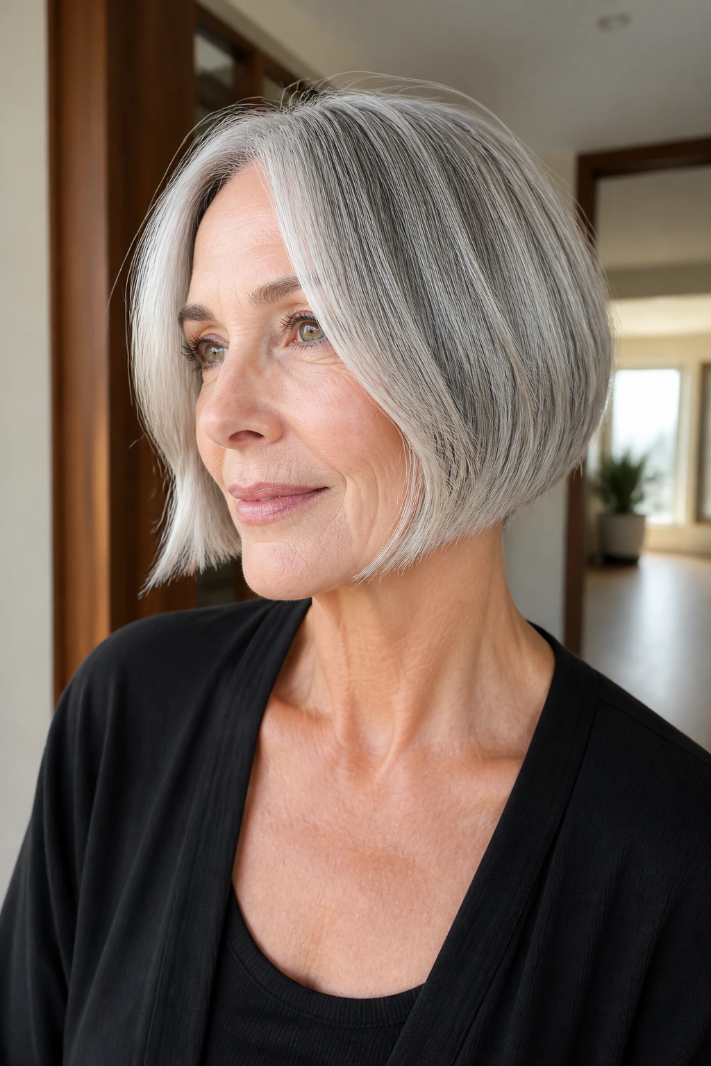 Close-up portrait of a woman with a razor-cut bob showing movement