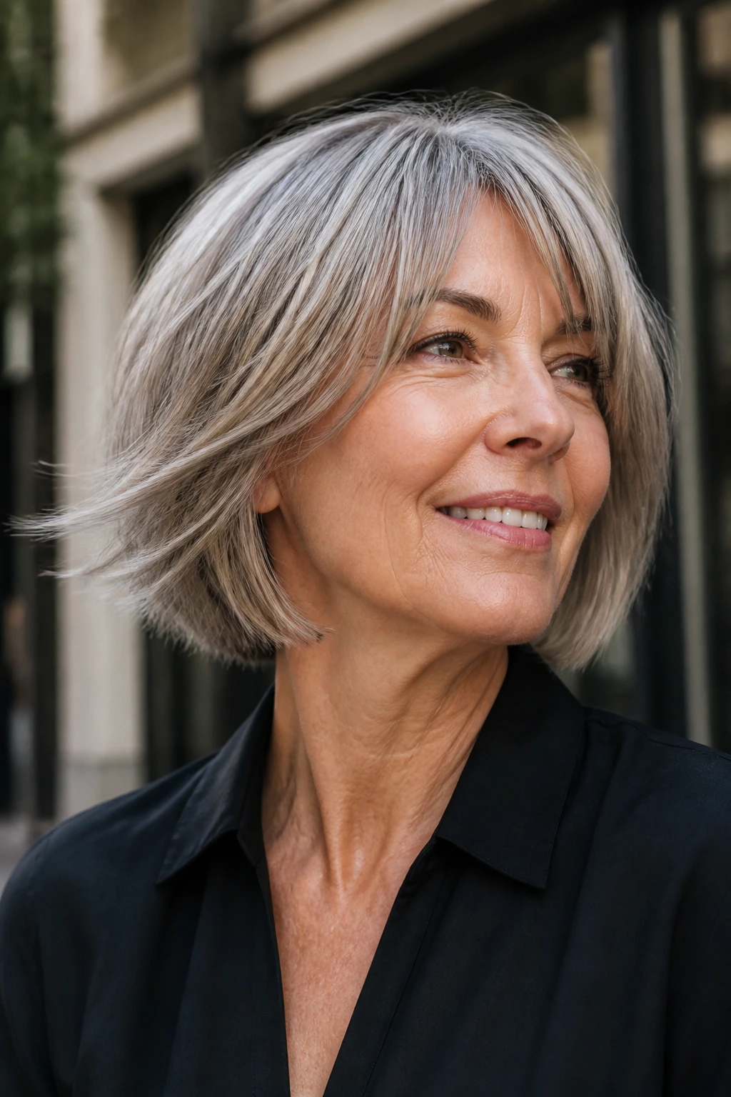Close-up portrait of a woman with a razor-cut bob showing movement.