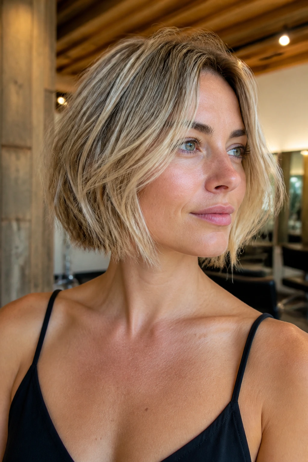 Close-up of a real woman with razor-cut textured blonde bob in a warm salon.