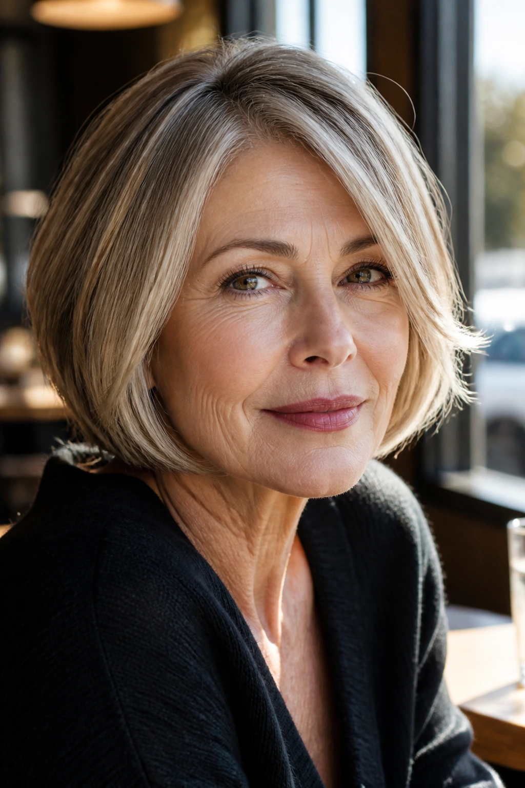 Close-up of a real woman wearing Razor-Cut Bob with Light Movement in a cafe setting