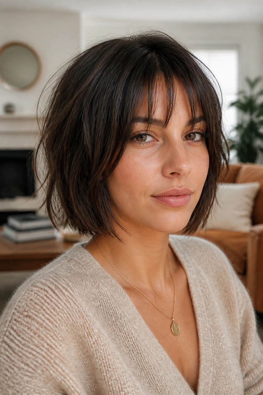 Close-up of real woman with razor-cut bob and piecey curtain bangs in a cozy living room