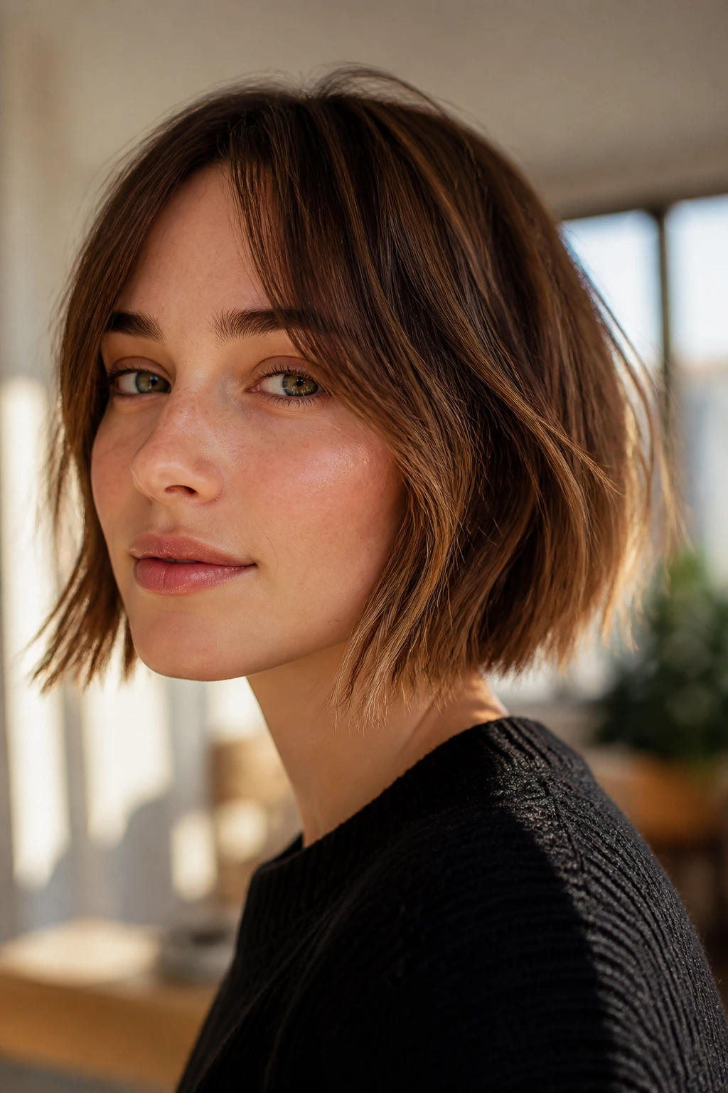 Close-up of a real person with razor-cut bob and piecey ends
