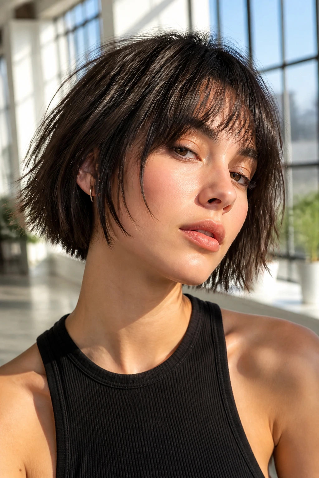 Portrait of a real woman with a razor-cut bob and wispy ends.