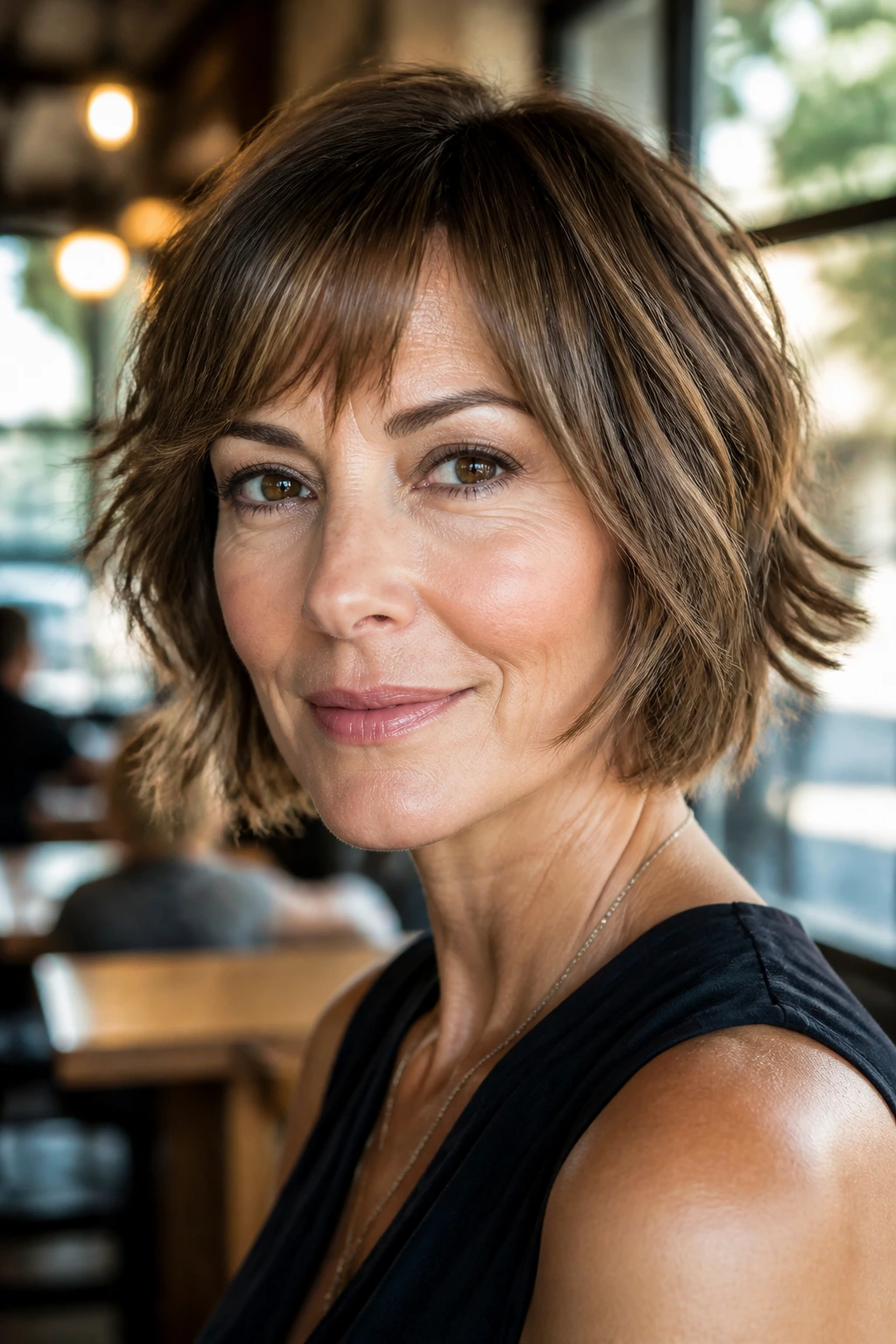 Close-up portrait of a real woman with Razor Bob Shag in a sunny cafe.