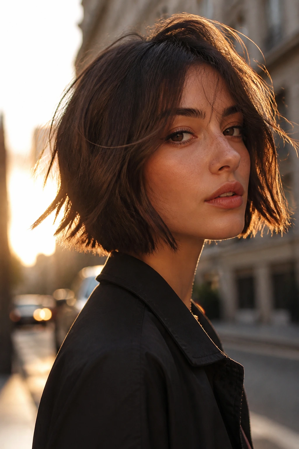 Close-up of a woman with a razor-cut bob showing textured, movement-filled ends