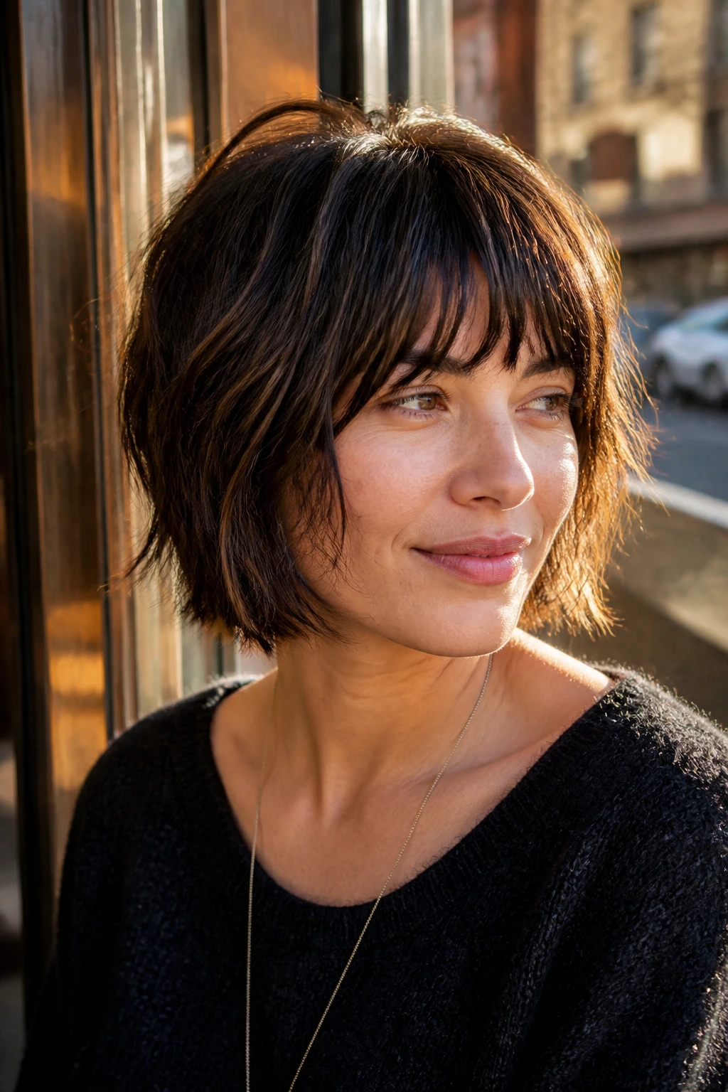 Close-up portrait of a real woman with a razor-cut bob and bangs