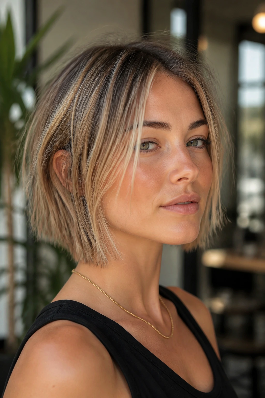 Close-up of a real woman with razor-cut bob and thin blonde threads in natural light