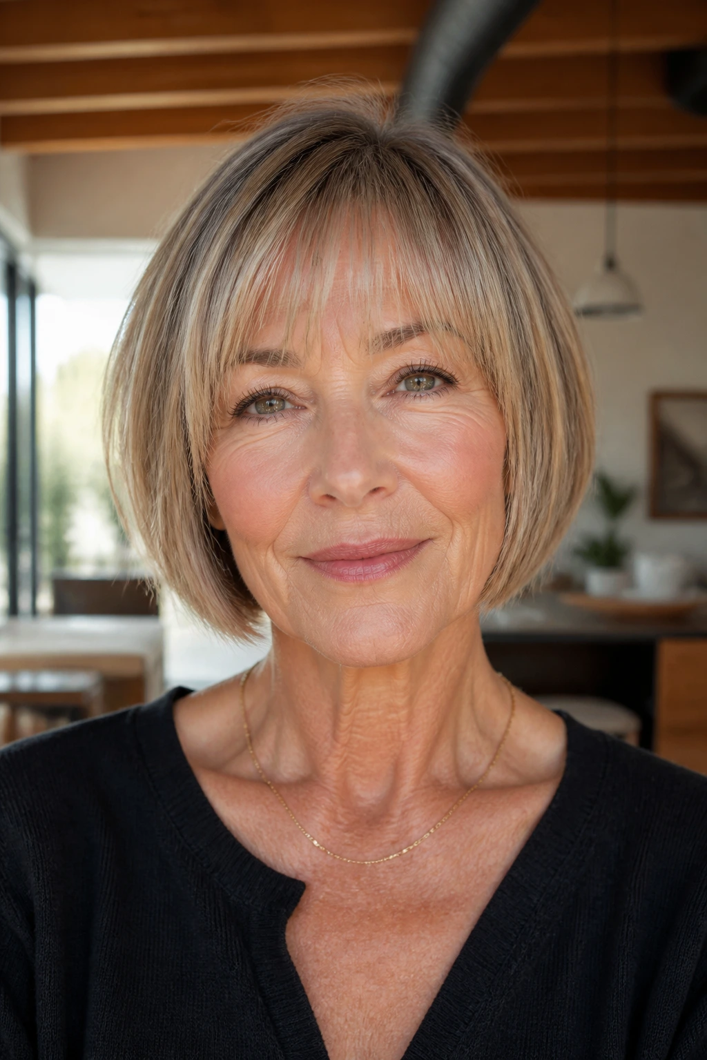 Close-up portrait of a real woman with a razor-cut bob and a thin fringe