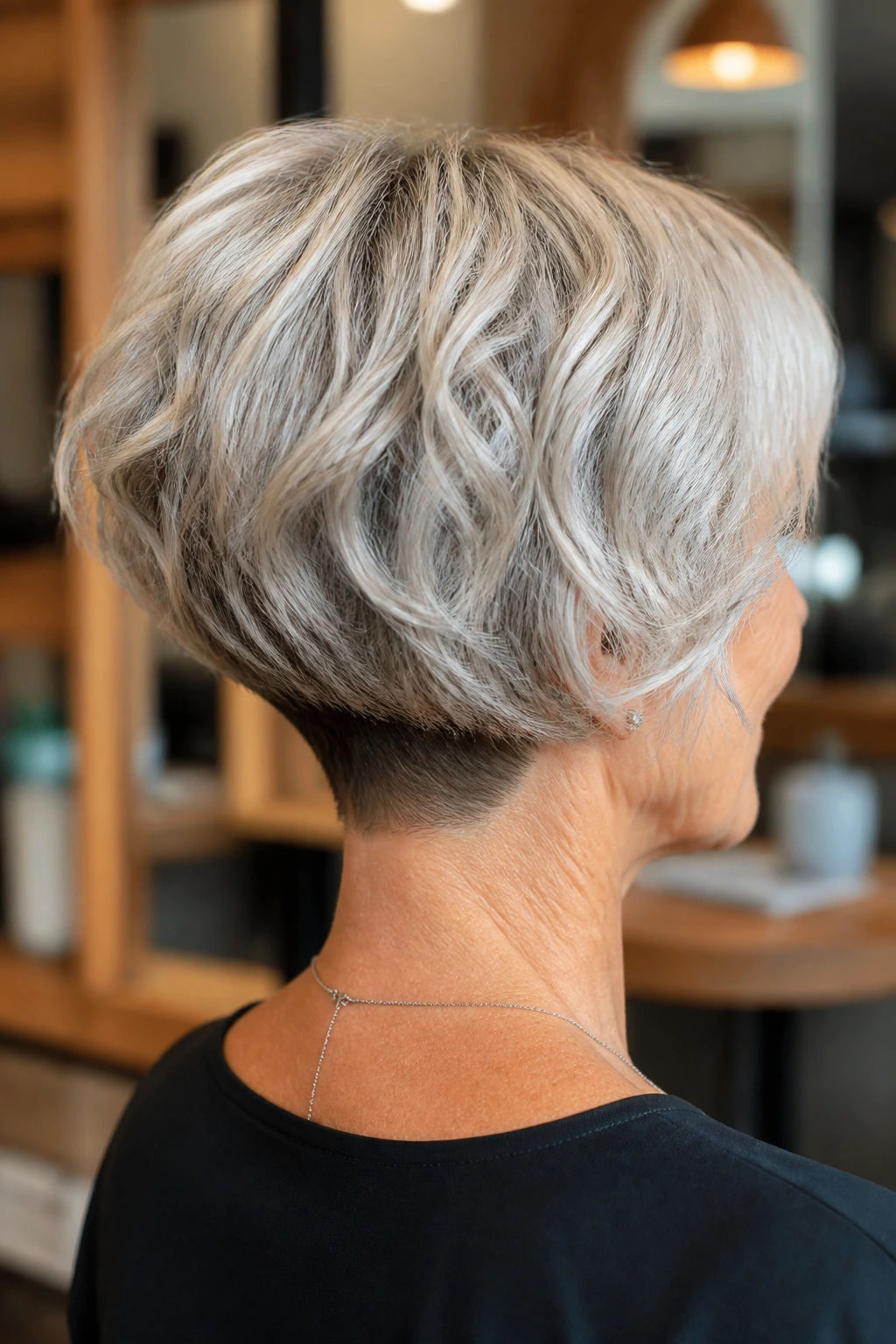 Back-of-head portrait of a real woman showing razor-cut bob with tucked nape.