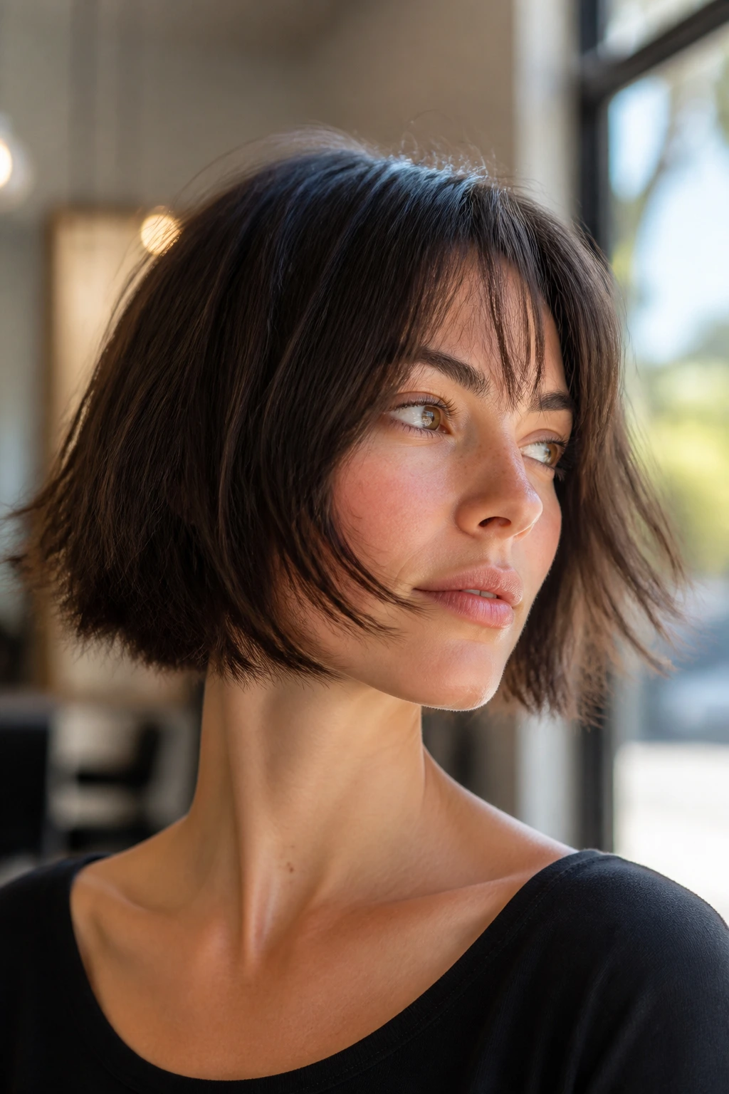 Close-up portrait of a real woman with a razor-cut bob and wispy ends in a sunlit salon