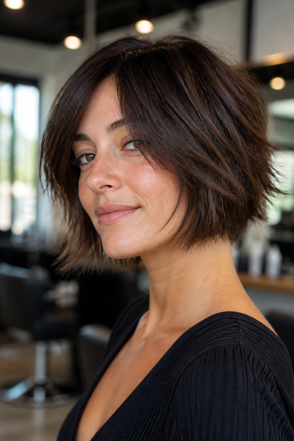Real woman with razor-cut choppy bob under bright salon light