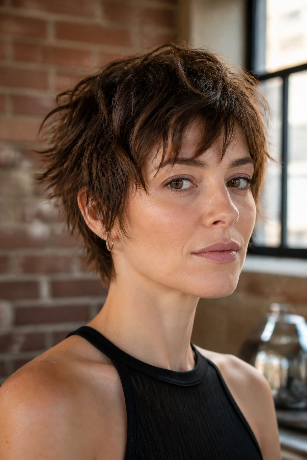 Close-up of a real woman with razor-cut choppy crop and textured waves.