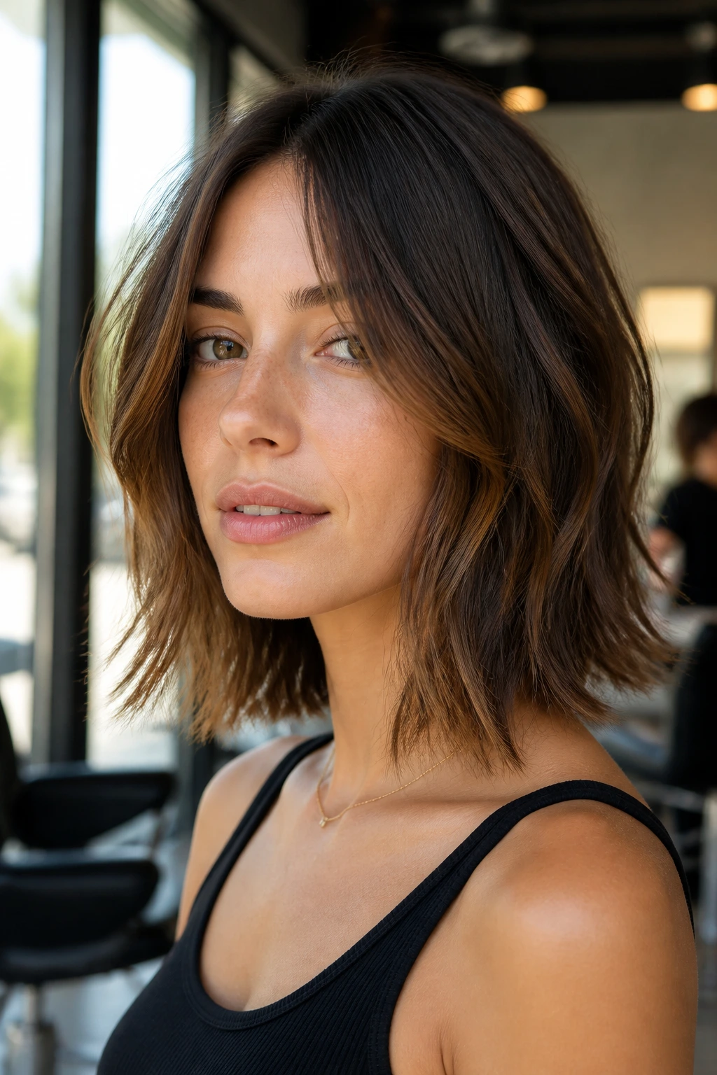 Close-up of a real woman with a Razor-Soft Choppy Lob under warm window light