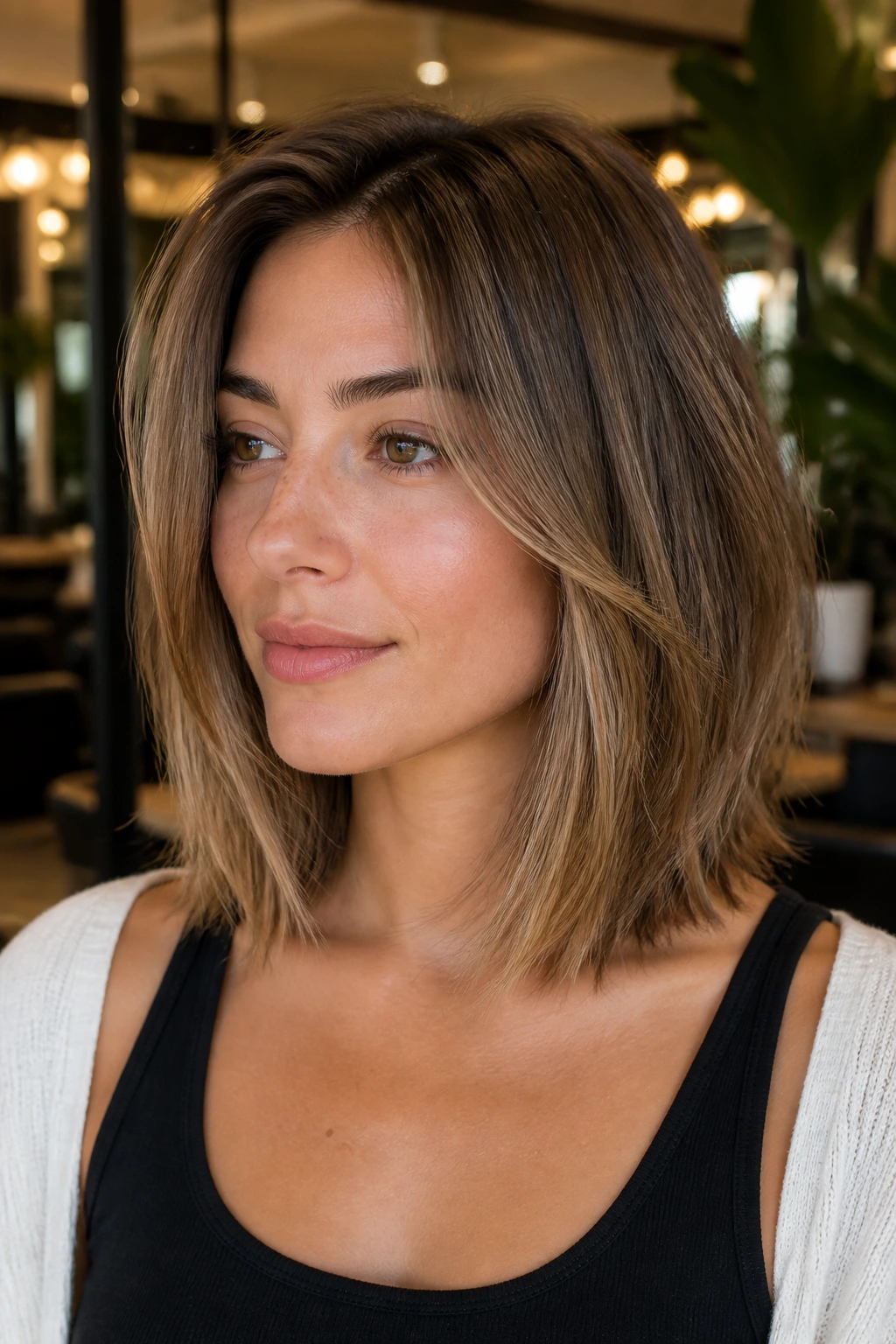 Portrait of a person with razor-cut collarbone lob showing feathered ends