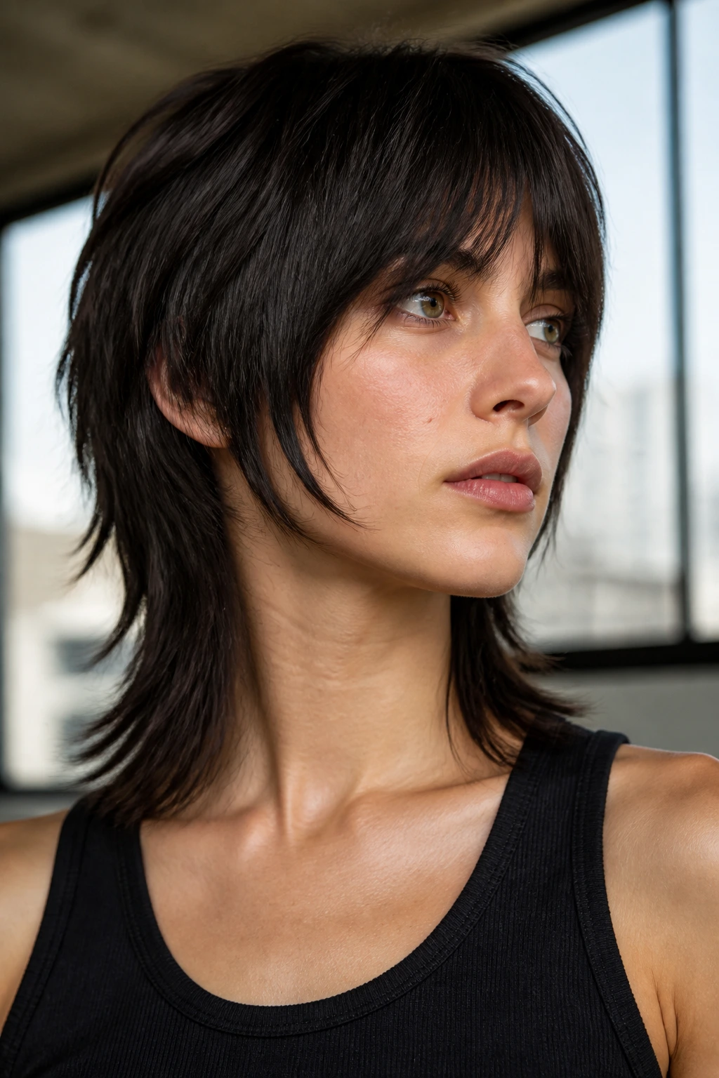 Portrait of a real person with razor-cut collarbone mullet in a modern interior