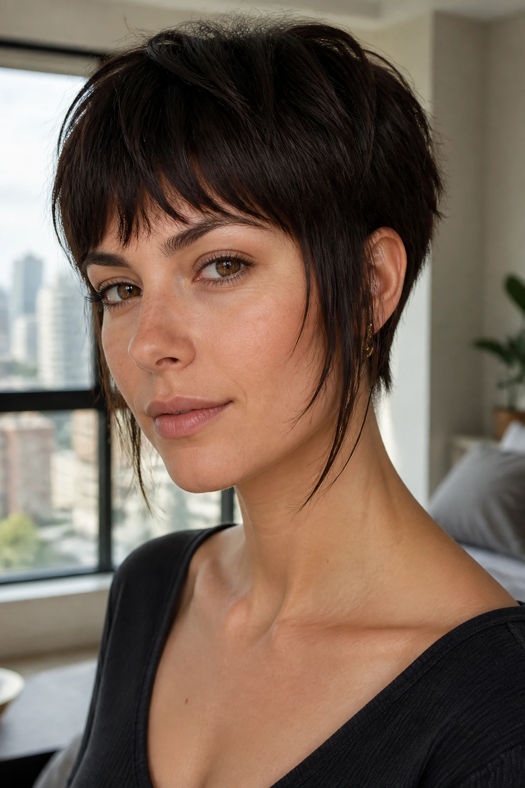 Close-up portrait of a woman with razor-cut crop and long temple pieces in a bright apartment