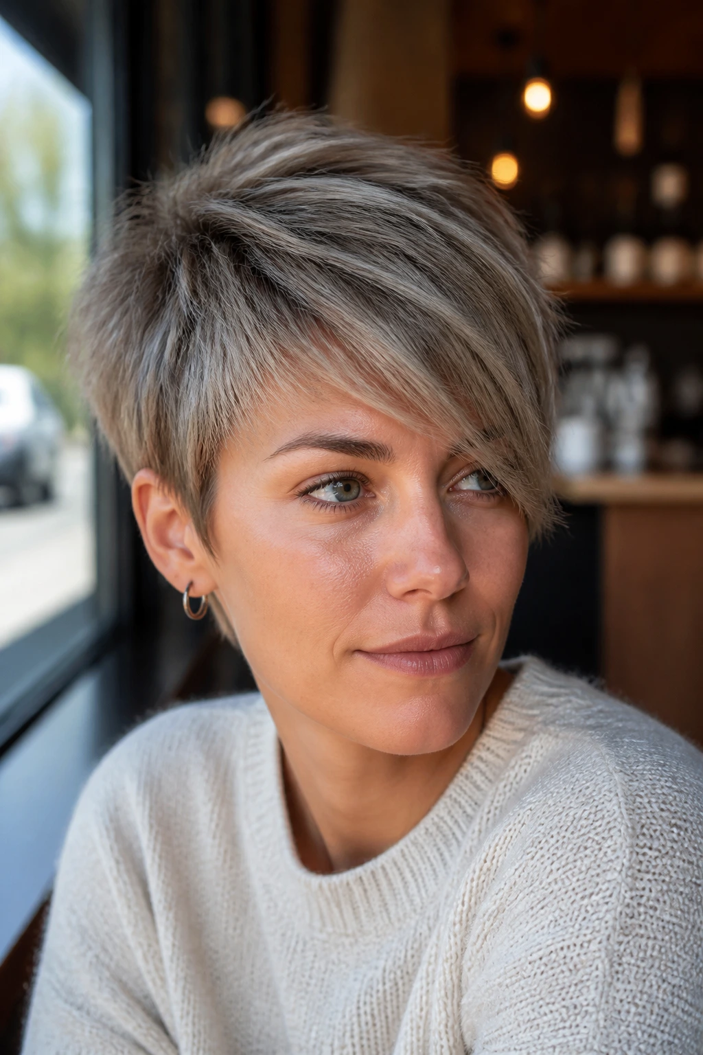 Portrait of a real person with razor-cut crop and side fringe in natural cafe light.