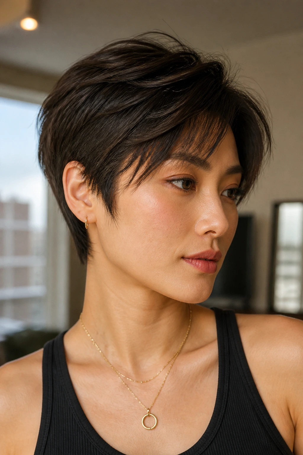 Portrait of a real woman with razor-cut crop showing feathered ends