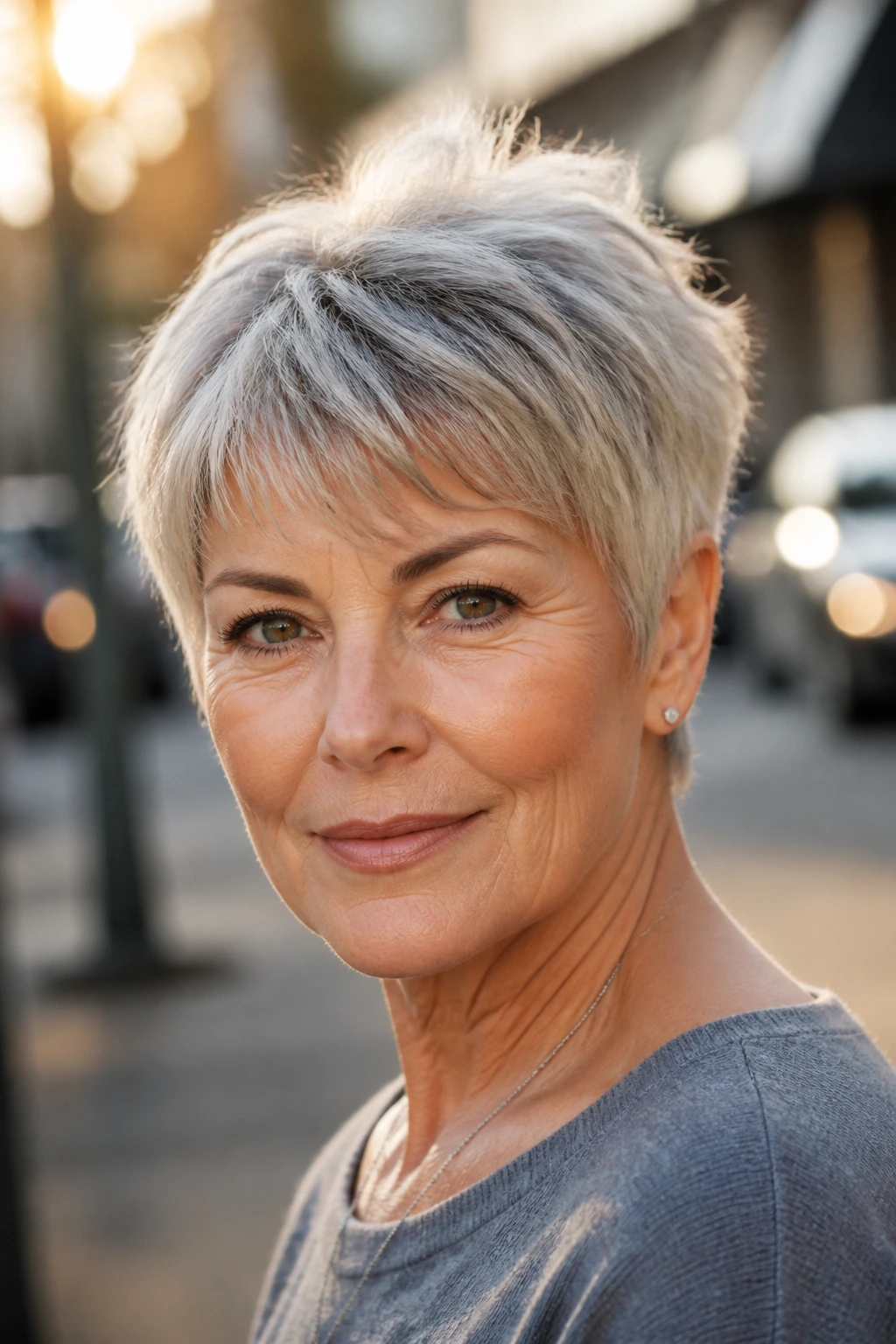 Close-up portrait of a woman with a rounded razor-cut crop showing movement and feathered ends.