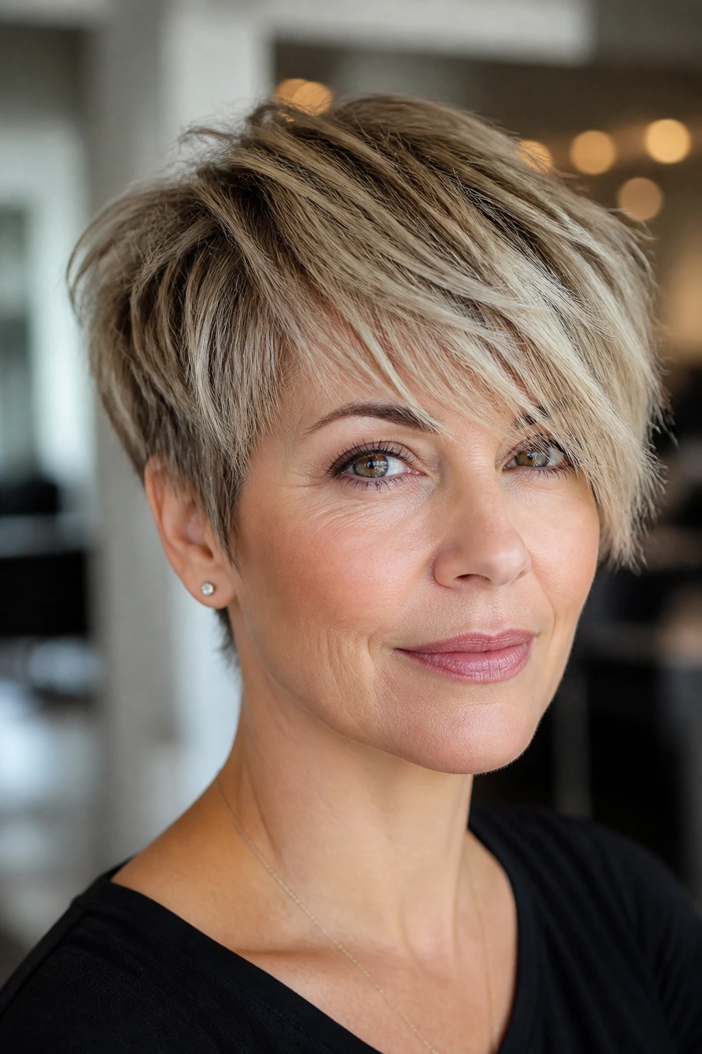 Close-up portrait of razor-cut crop with side sweep on a real woman.