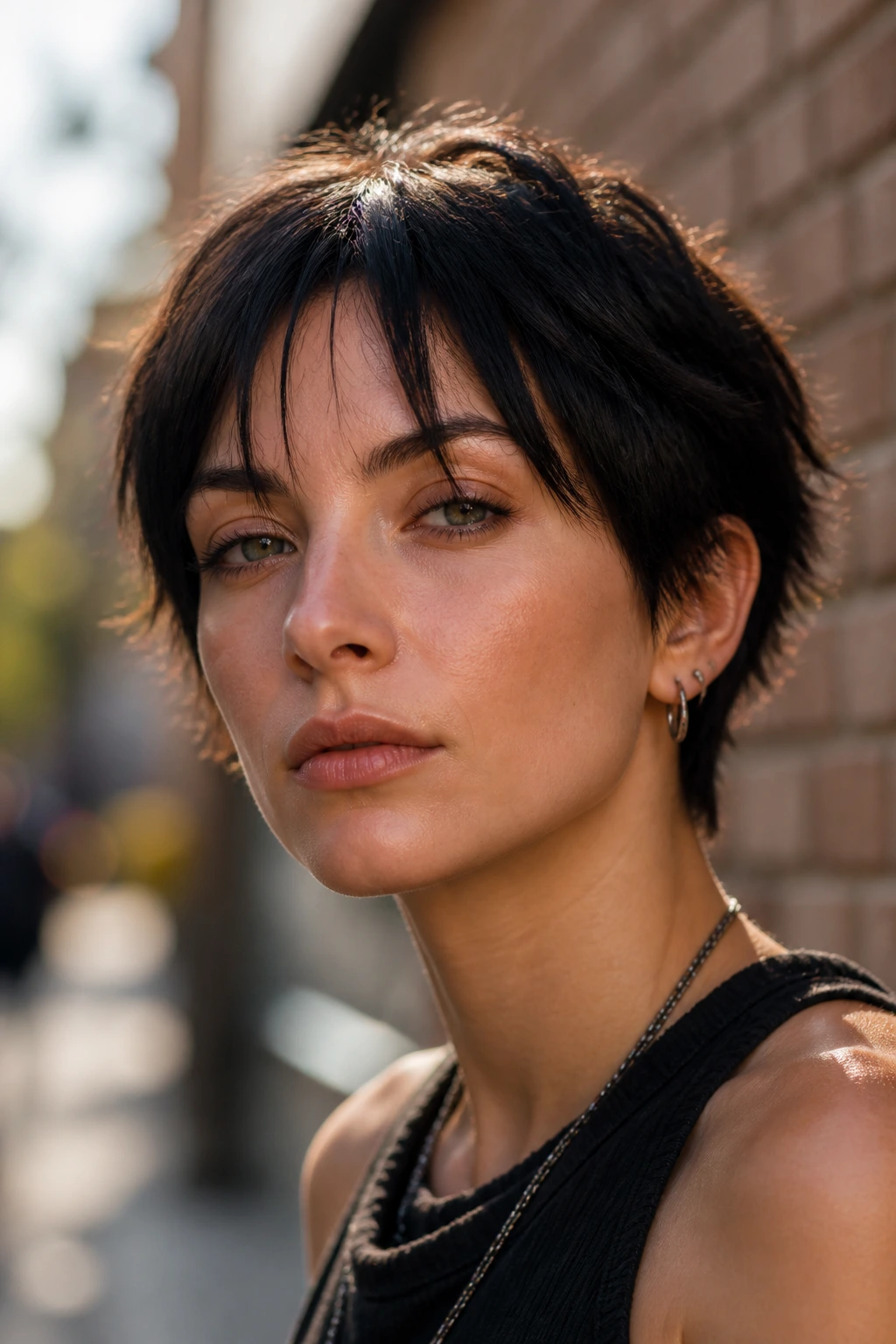 Close-up portrait of a real woman with razor-cut crop and split bangs near brick wall