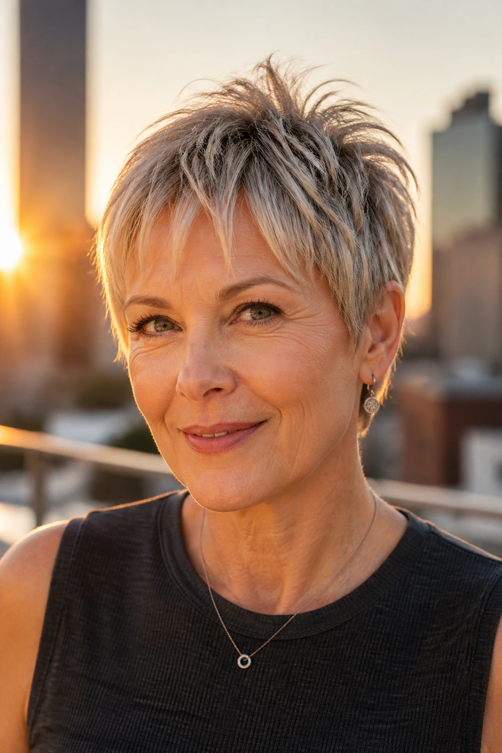 Close-up of a real woman with Razor-Cut Crop with Wispy Ends hairstyle.