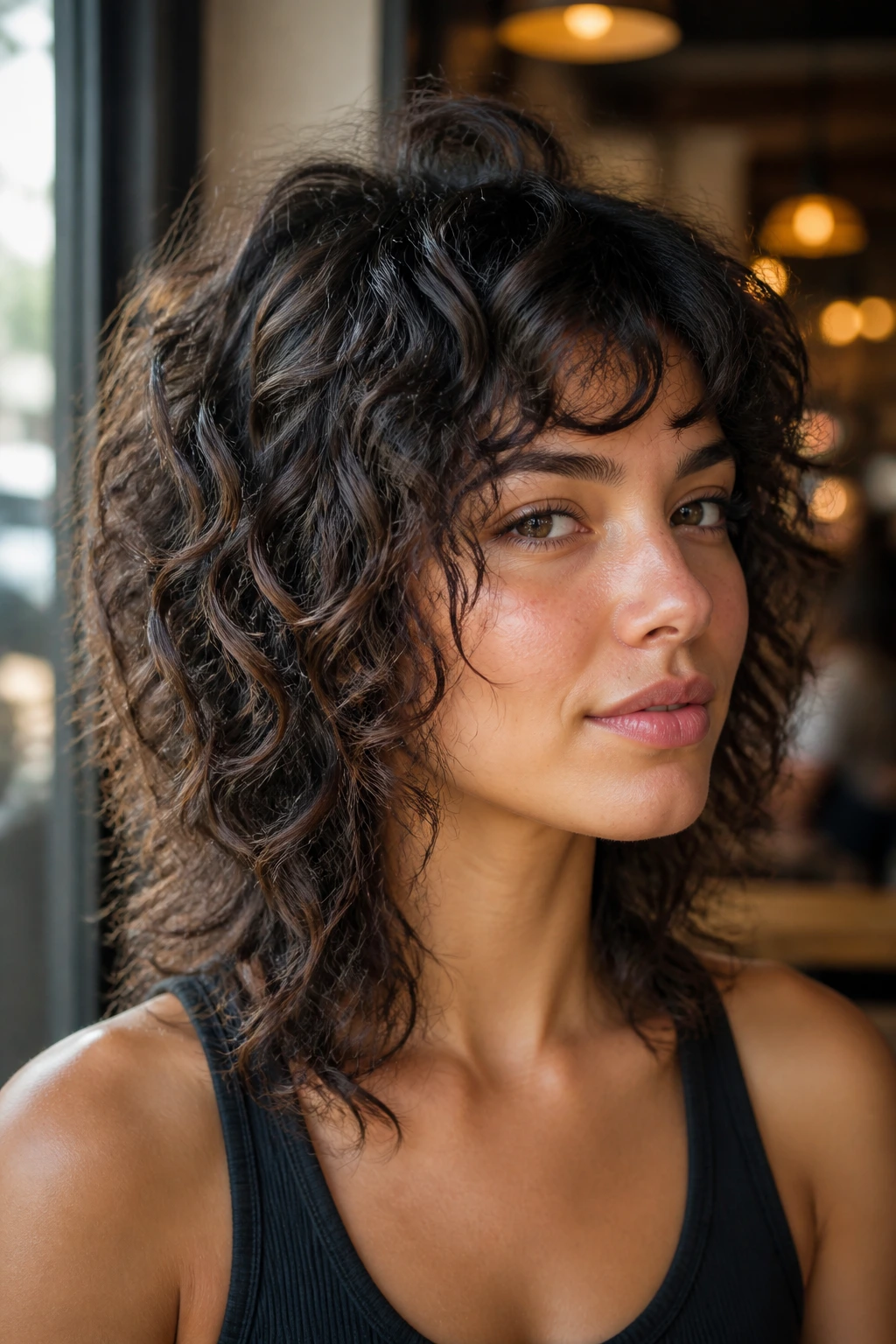 Close-up of a real woman with razor-soft texture wolf hairstyle featuring feathered ends