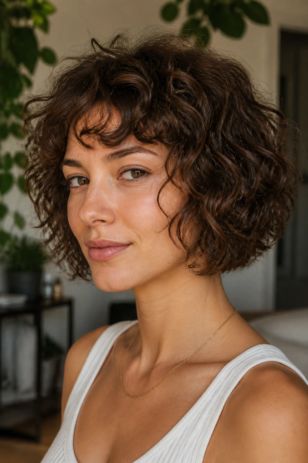 Portrait of a real person with a razor-cut curly bob displaying piecey, separated curls under soft indoor lighting.