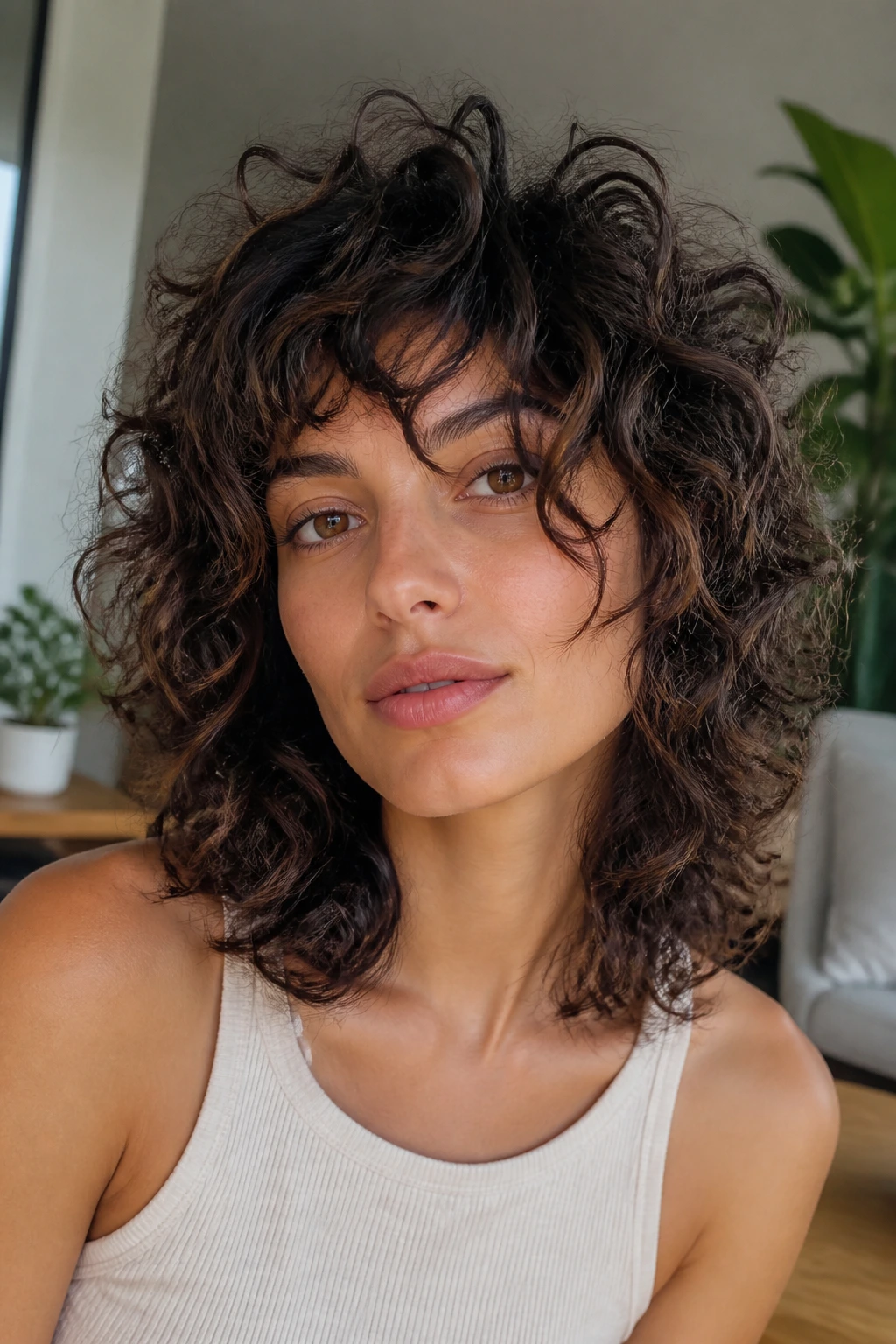 Real woman with airy razor-cut curly shag in a neutral living room