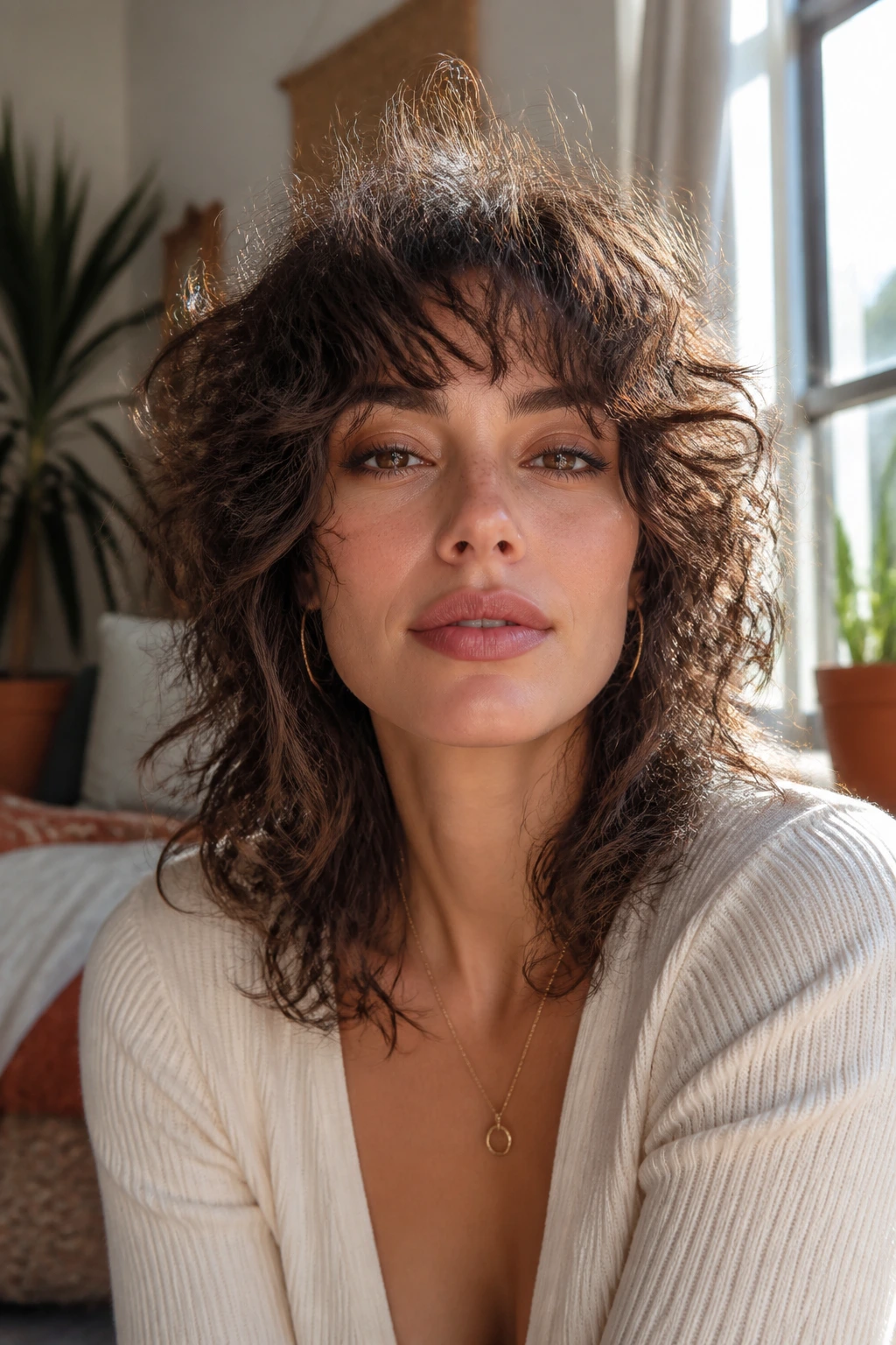 Close-up of a real woman with razor-cut curly shag and feathered bangs