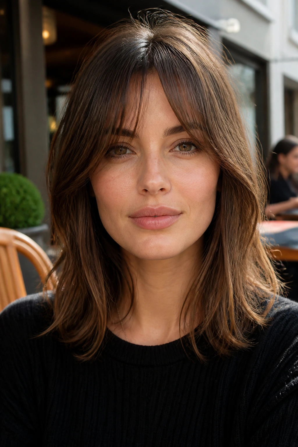 Portrait of a real person with razor-cut curtain bangs on a long bob