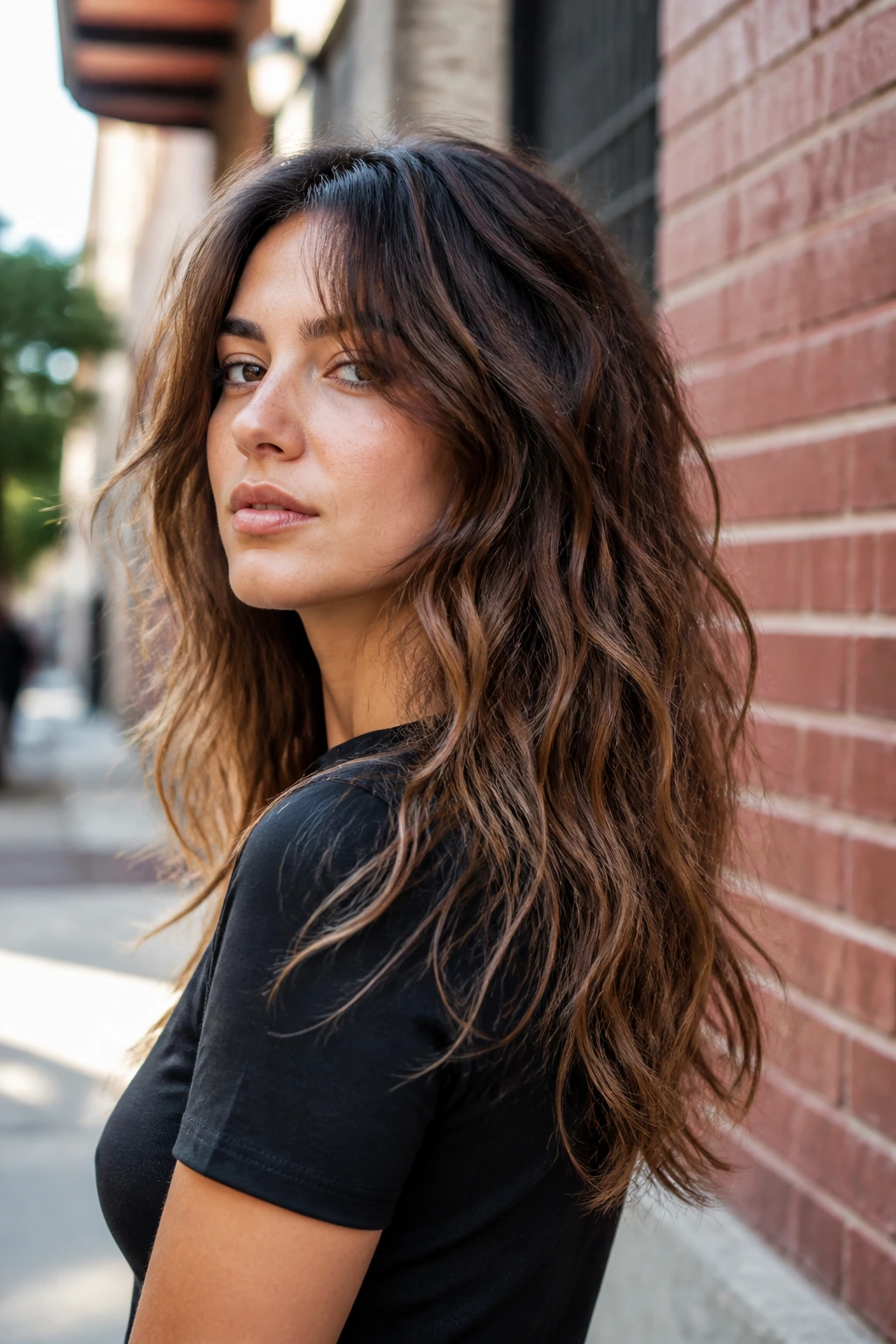 Close-up portrait of a real woman with razor-cut ends in wavy hair
