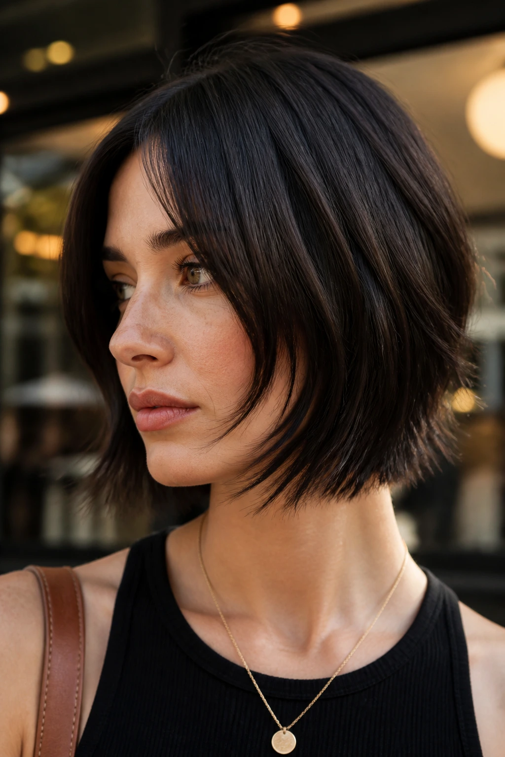 Real person with razor-cut feather bob showing airy ends