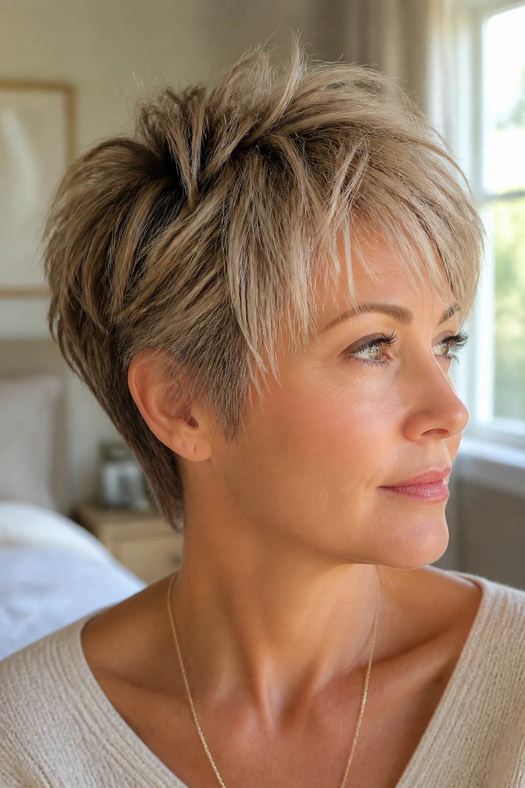 Close-up portrait of a real woman with razor-cut hairstyle adding crown volume