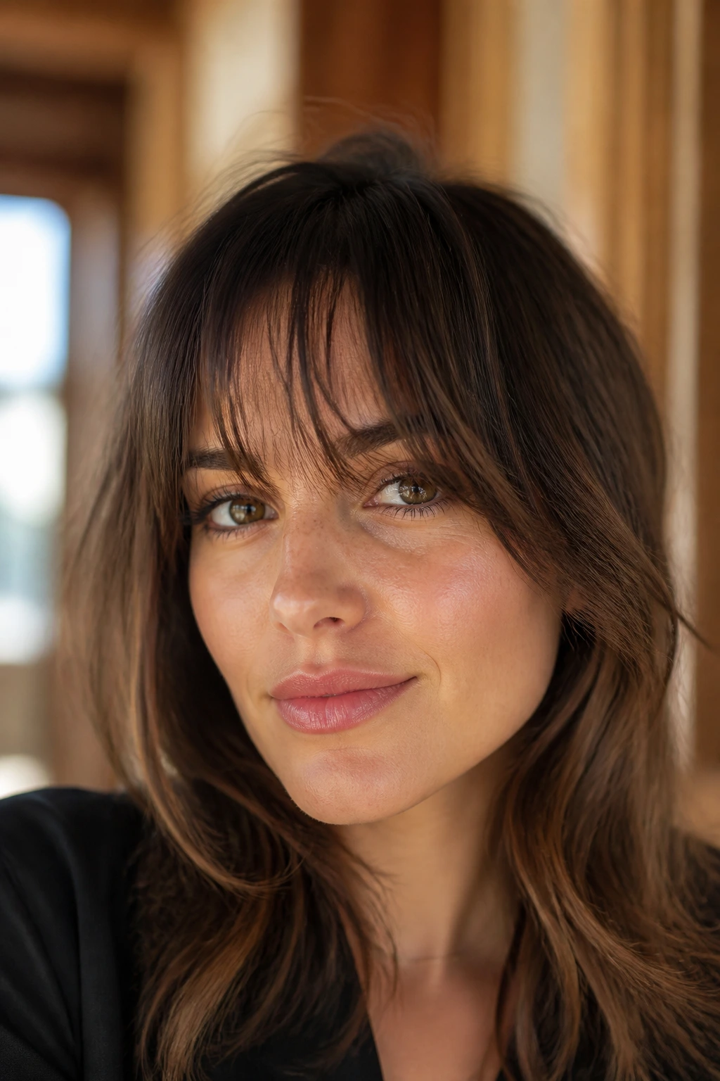 Close-up of a real person with a textured razor-cut fringe