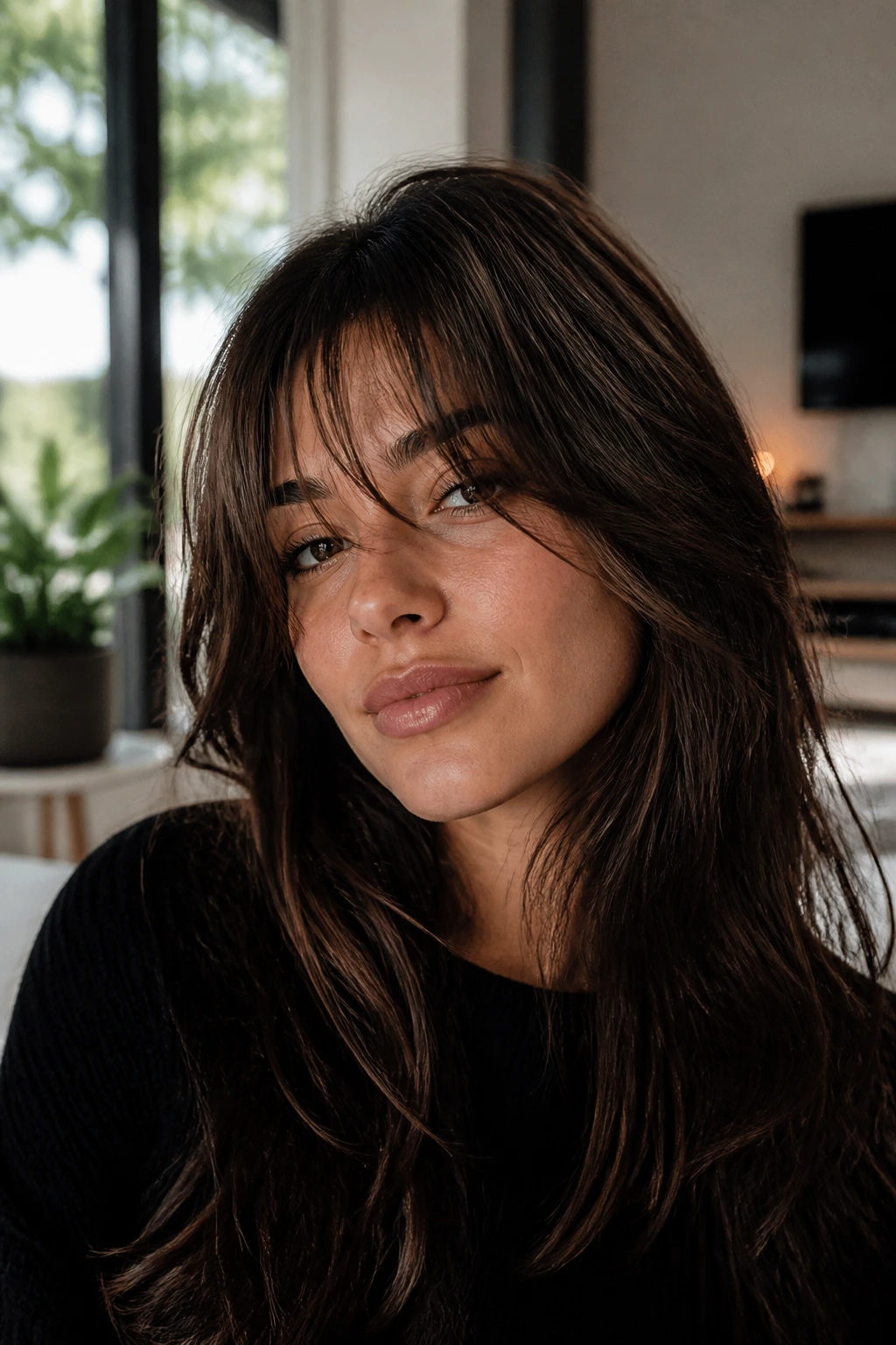 Close-up of a real woman with razor-cut bangs delivering an airy, feathered finish