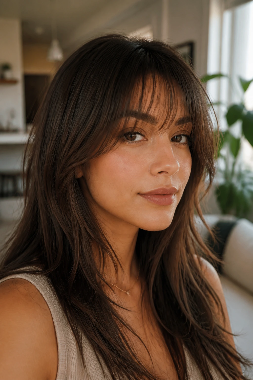 Close-up of a real woman with airy razor-cut fringe and softened ends