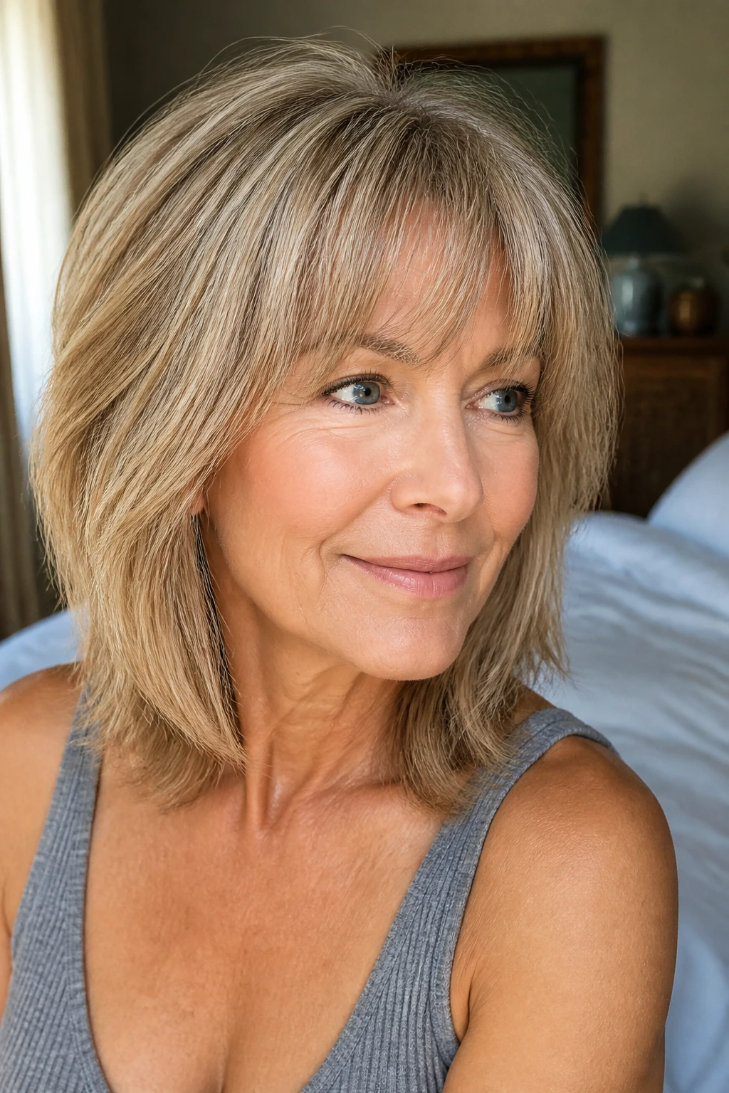 Close-up portrait of a real woman with a feathered razor-cut fringe in natural window light