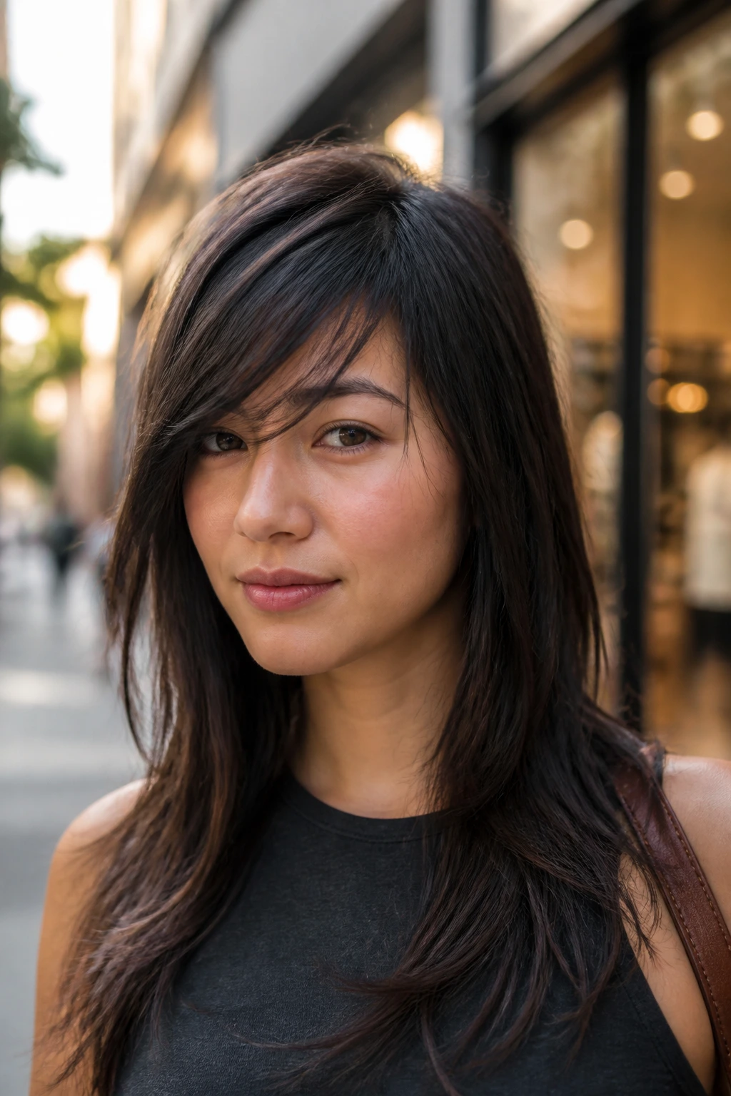 Portrait of a woman with a razor-cut side fringe