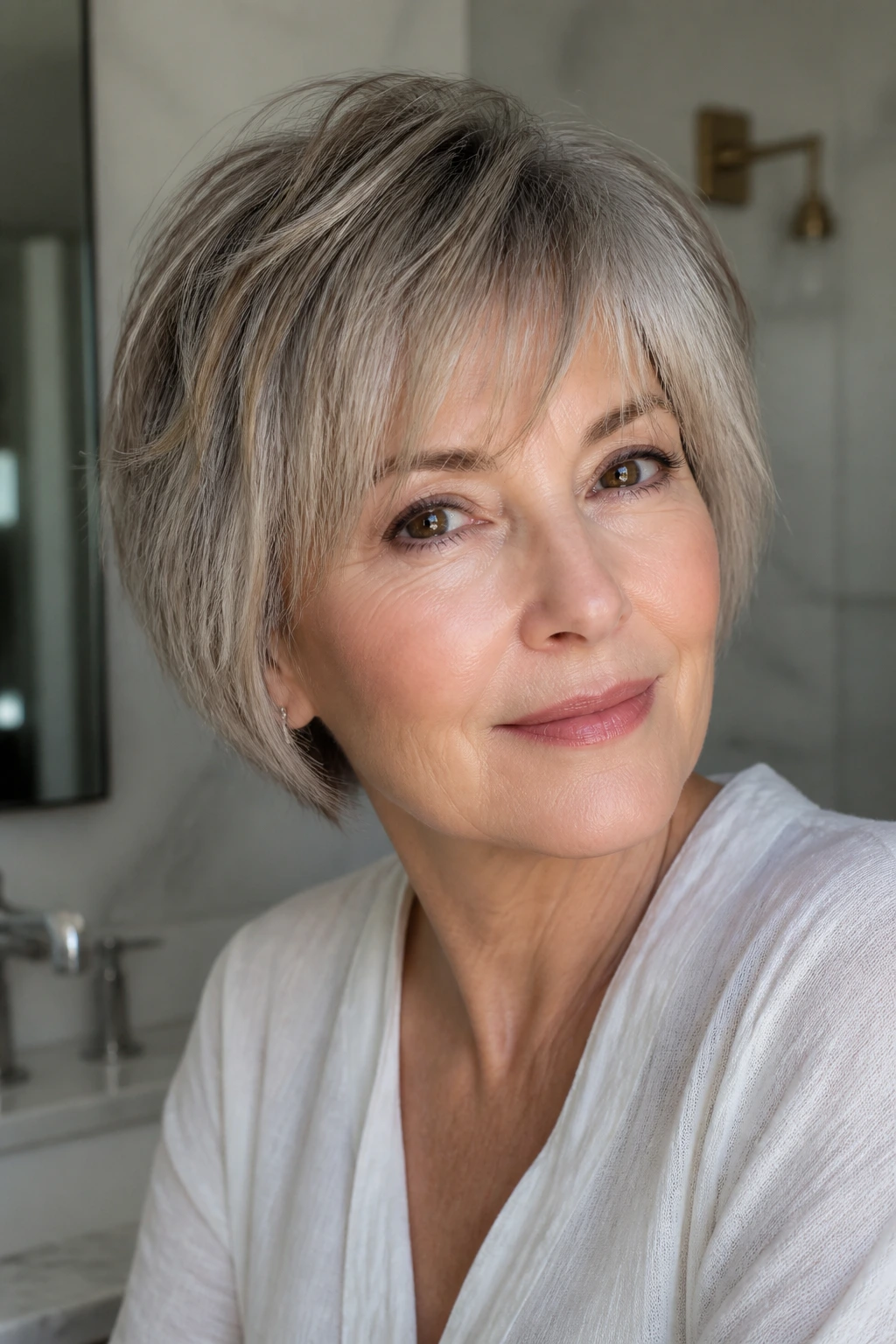 Close-up portrait of a real woman with razor-cut fringe.