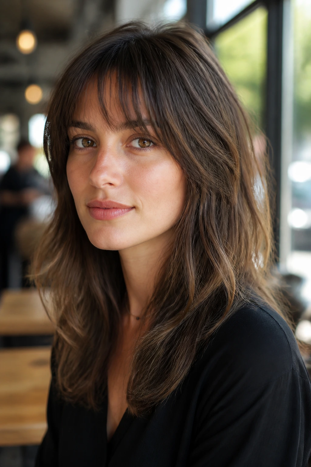 Real woman with a razor-cut textured fringe in a sunlit cafe setting