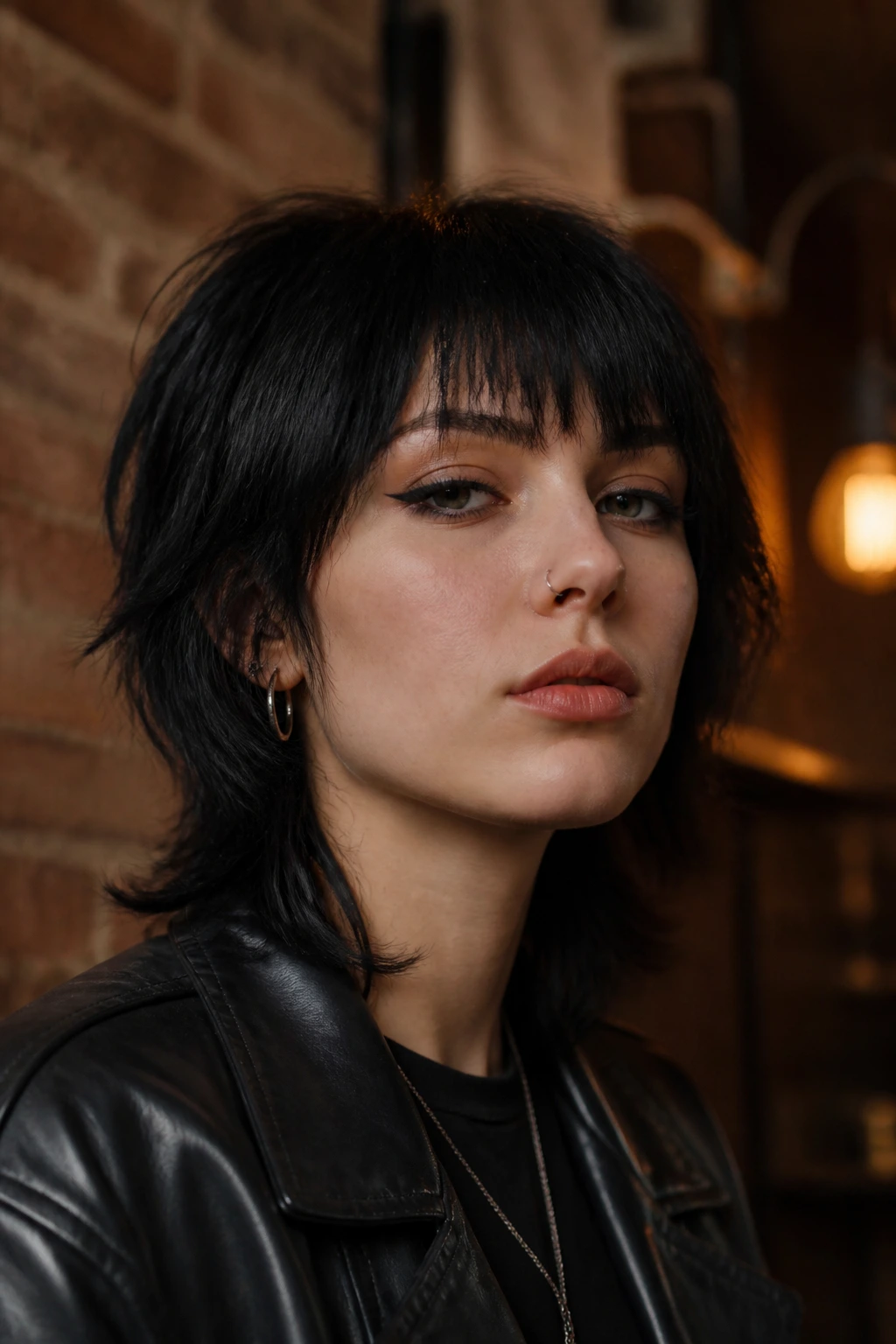 Close-up of a real person with razor-cut heavy bangs wolf cut