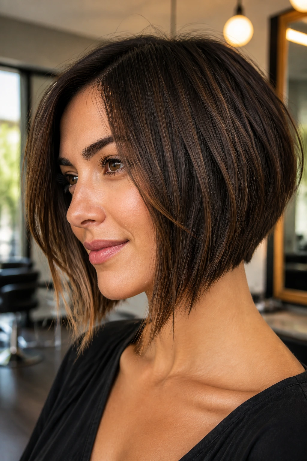 Close-up portrait of a real woman with a razor-cut inverted bob and airy ends