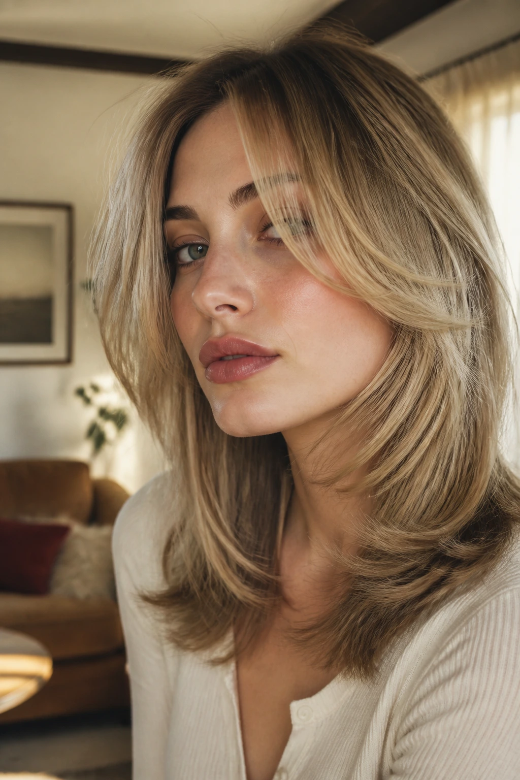 Close-up portrait with razor-cut layers feathering at the cheeks